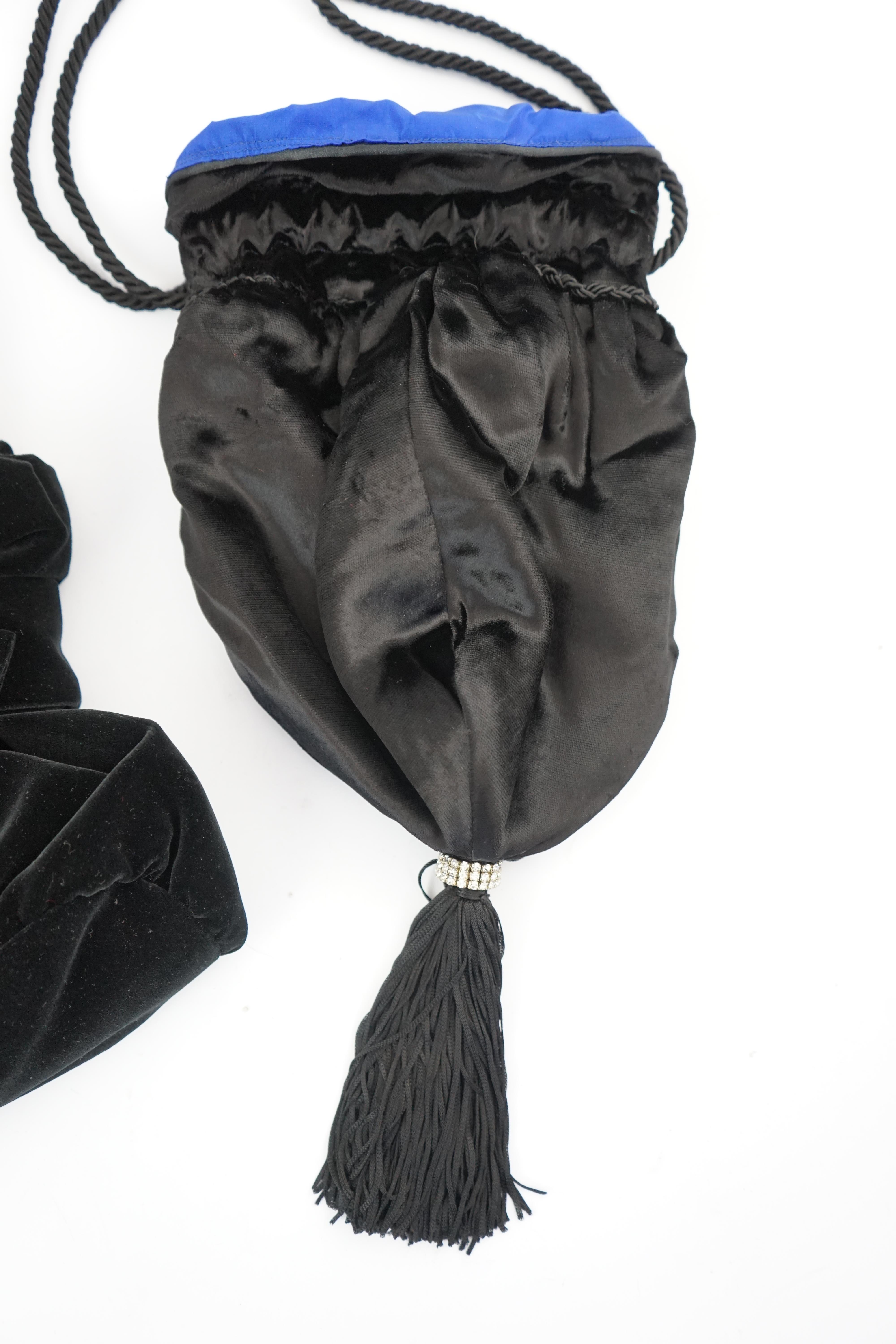 Two black velvet Italian evening bags, one labelled Rita Palmucci and the other Niro. One black silk velvet drawstring with blue satin lining, with tassel and diamanté decoration, the other black velvet with black satin